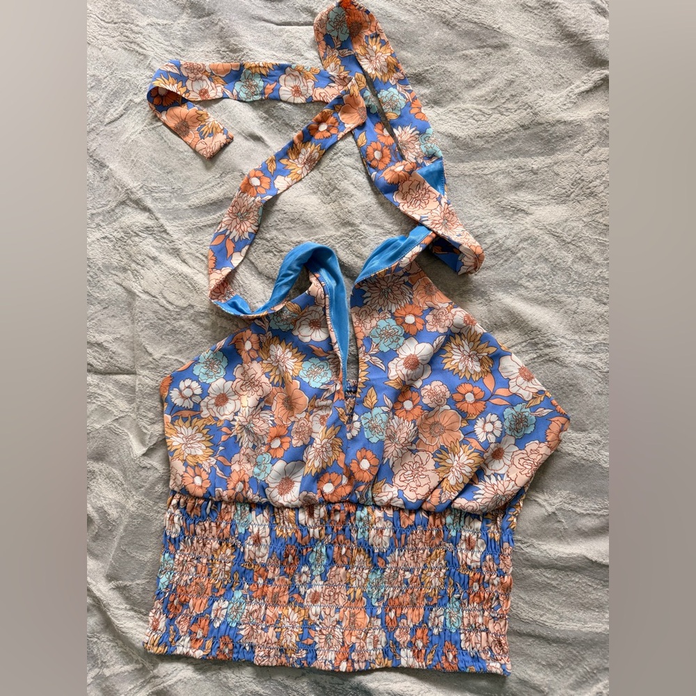 Floral Halter Top with Blue and Orange